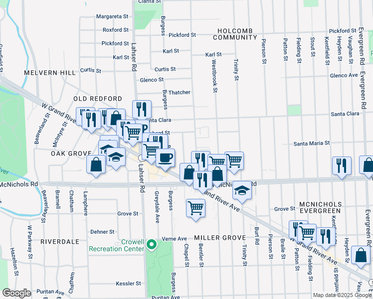 map of restaurants, bars, coffee shops, grocery stores, and more near 17246 Chapel Street in Detroit
