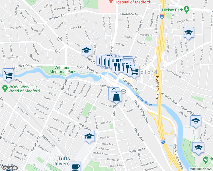 map of restaurants, bars, coffee shops, grocery stores, and more near 23 South Street in Medford