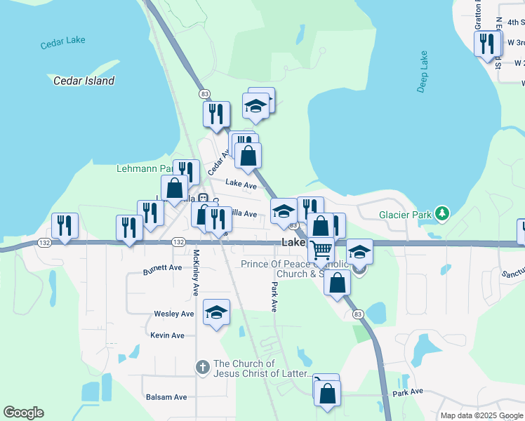 map of restaurants, bars, coffee shops, grocery stores, and more near 222 Villa Avenue in Lake Villa