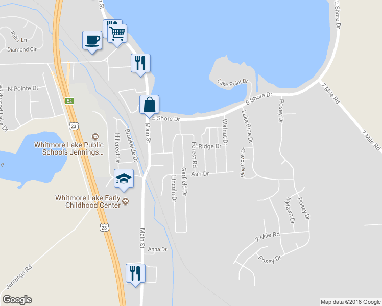 map of restaurants, bars, coffee shops, grocery stores, and more near 9077 Forest Road in Whitmore Lake