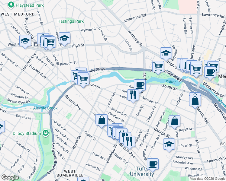 map of restaurants, bars, coffee shops, grocery stores, and more near 17-21 Lyman Avenue in Medford