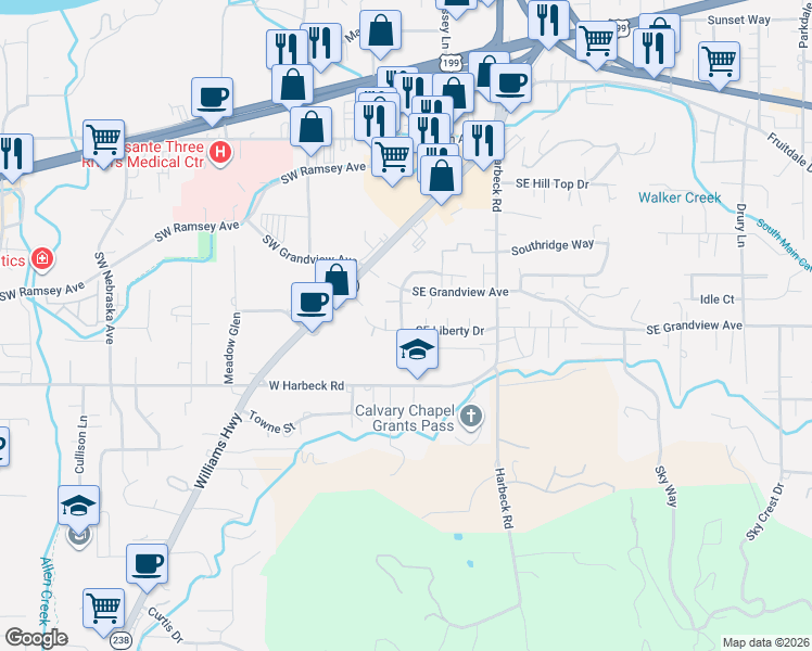 map of restaurants, bars, coffee shops, grocery stores, and more near 101 Southeast Yorktown Road in Grants Pass