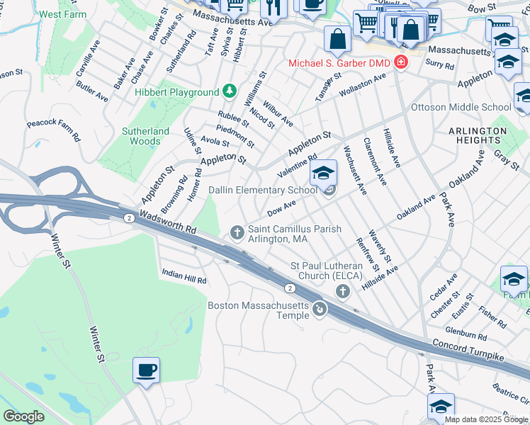 map of restaurants, bars, coffee shops, grocery stores, and more near 34 Virginia Road in Arlington