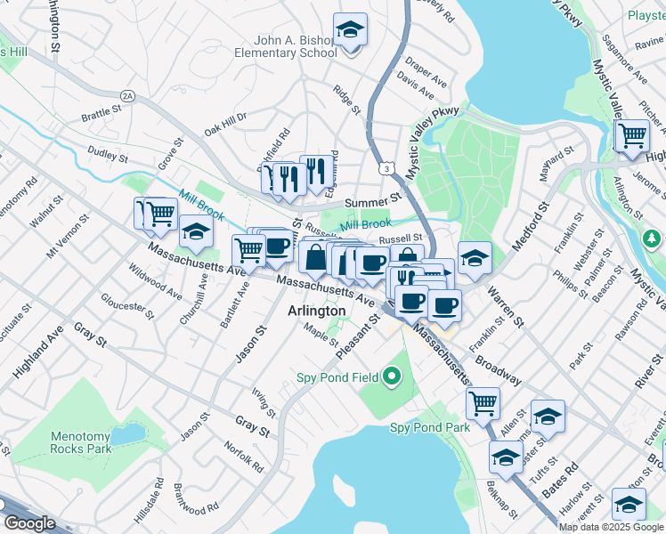 map of restaurants, bars, coffee shops, grocery stores, and more near 10 Court Street in Arlington
