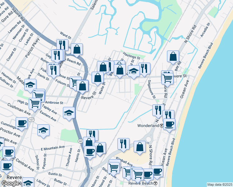 map of restaurants, bars, coffee shops, grocery stores, and more near 1 Washington Street in Revere