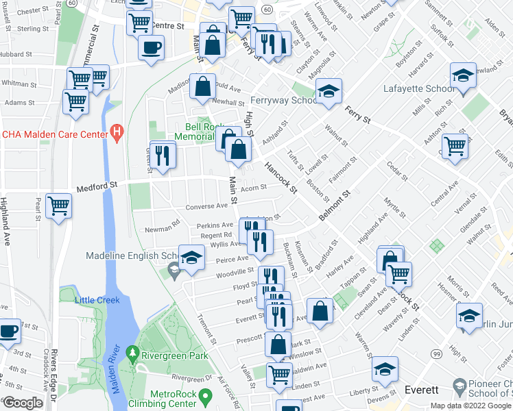 map of restaurants, bars, coffee shops, grocery stores, and more near 25 Clarendon Street in Malden