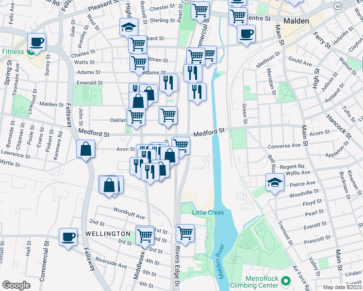 map of restaurants, bars, coffee shops, grocery stores, and more near 303 Commercial Street in Malden