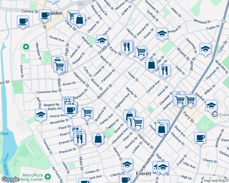 map of restaurants, bars, coffee shops, grocery stores, and more near 170 Bradford Street in Everett