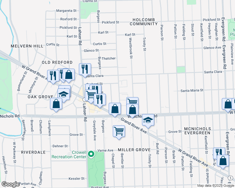 map of restaurants, bars, coffee shops, grocery stores, and more near 17251 Bentler Street in Detroit
