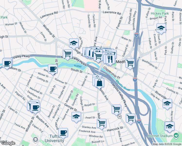 map of restaurants, bars, coffee shops, grocery stores, and more near 23 South Street in Medford