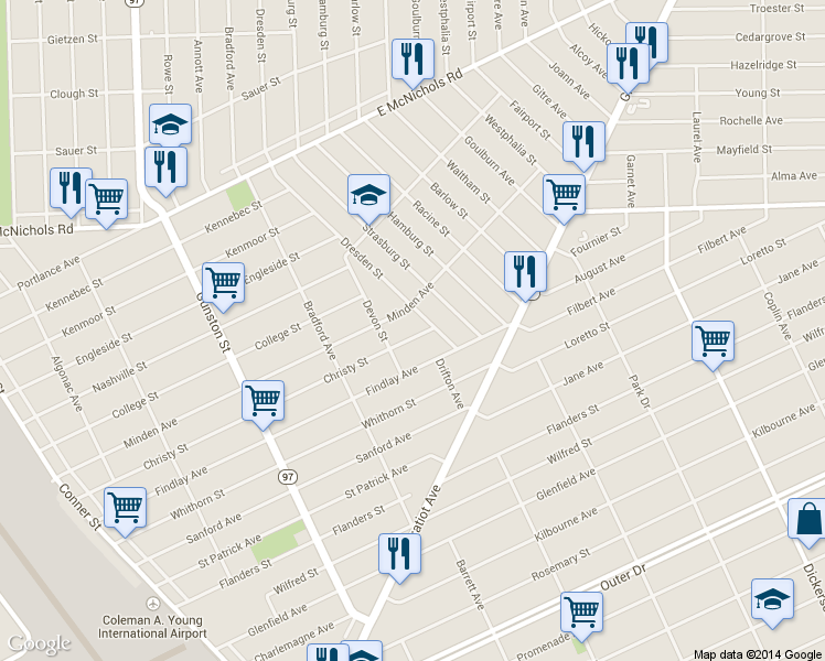 map of restaurants, bars, coffee shops, grocery stores, and more near 12151 Christy Street in Detroit