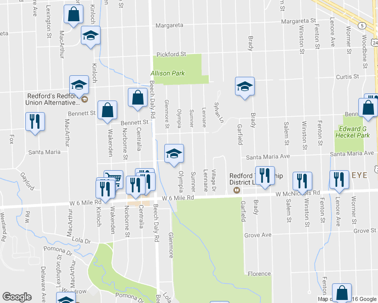 map of restaurants, bars, coffee shops, grocery stores, and more near 17331 Sumner in Redford Charter Township