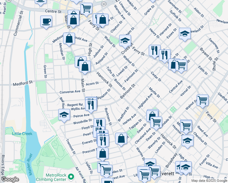 map of restaurants, bars, coffee shops, grocery stores, and more near 85 Hancock Street in Malden