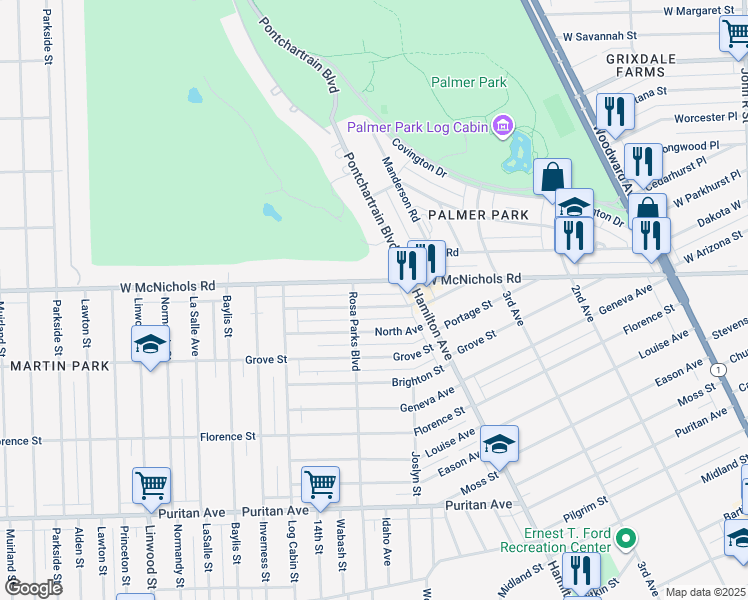 map of restaurants, bars, coffee shops, grocery stores, and more near 124 Hill Avenue in Highland Park