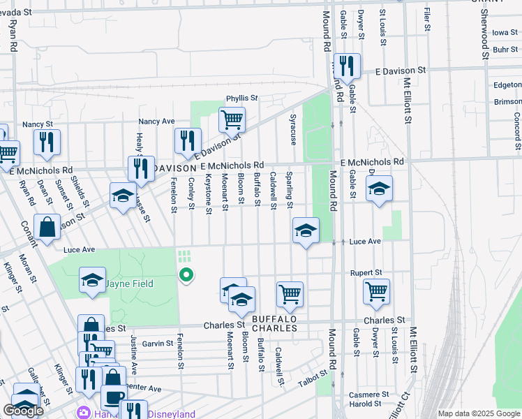 map of restaurants, bars, coffee shops, grocery stores, and more near 13512 Buffalo Street in Hamtramck