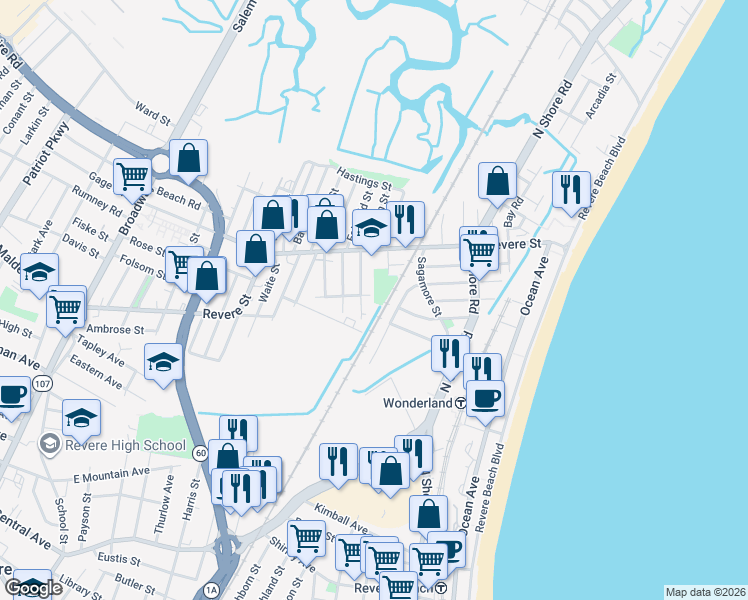map of restaurants, bars, coffee shops, grocery stores, and more near 49 Washington Street in Revere