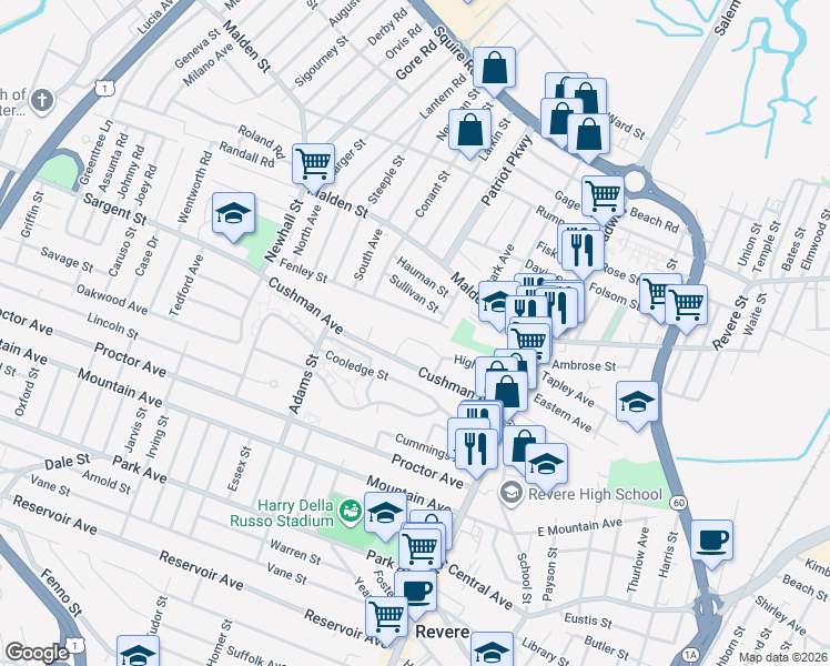 map of restaurants, bars, coffee shops, grocery stores, and more near 101 High Street in Revere