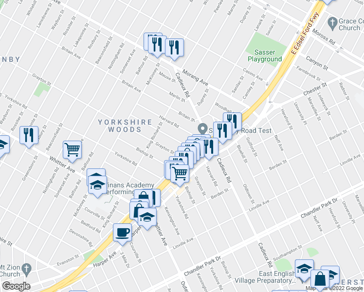 map of restaurants, bars, coffee shops, grocery stores, and more near 9169 Boleyn Street in Detroit