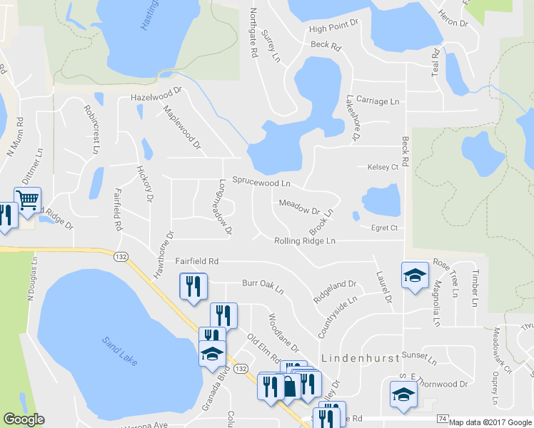 map of restaurants, bars, coffee shops, grocery stores, and more near 76 Witchwood Lane in Lindenhurst