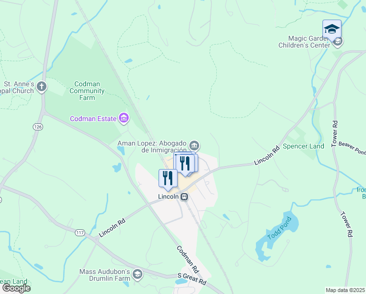 map of restaurants, bars, coffee shops, grocery stores, and more near 50 Wells Road in Lincoln