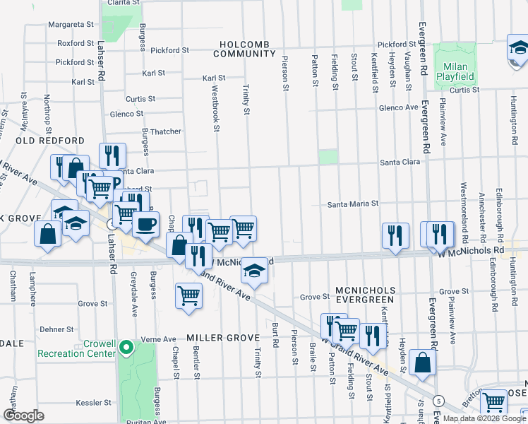 map of restaurants, bars, coffee shops, grocery stores, and more near 17246 Trinity Street in Detroit