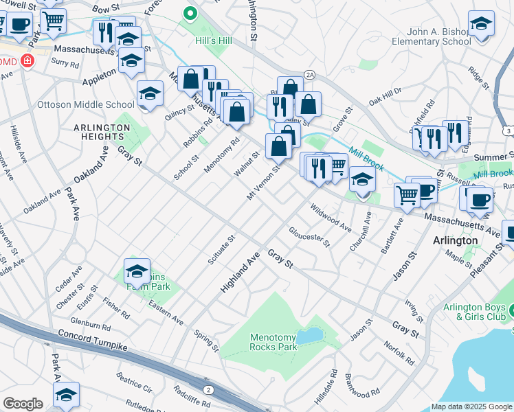 map of restaurants, bars, coffee shops, grocery stores, and more near 5 Scituate Street in Arlington