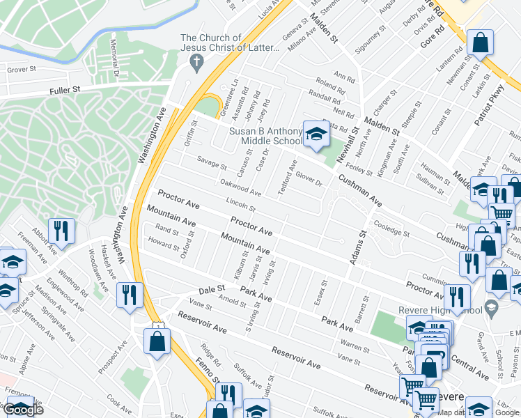 map of restaurants, bars, coffee shops, grocery stores, and more near 210 Lincoln Street in Revere