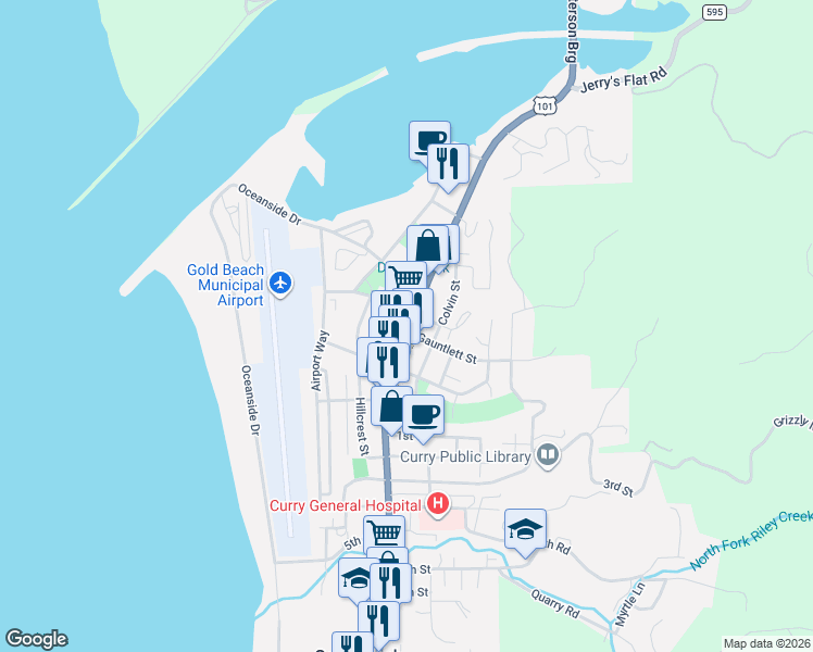 map of restaurants, bars, coffee shops, grocery stores, and more near 29820 Ellensburg Avenue in Gold Beach