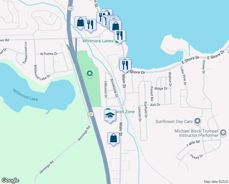map of restaurants, bars, coffee shops, grocery stores, and more near 9145 Brookside Drive in Whitmore Lake