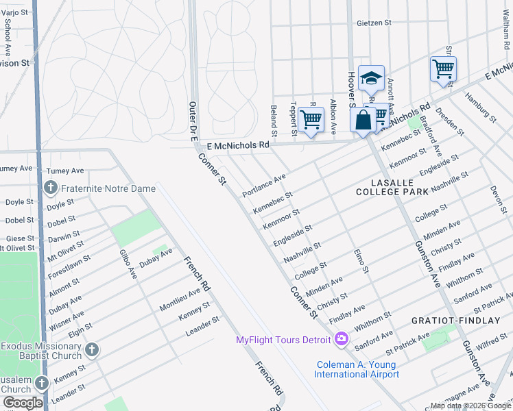 map of restaurants, bars, coffee shops, grocery stores, and more near 11031 Kennebec Street in Detroit