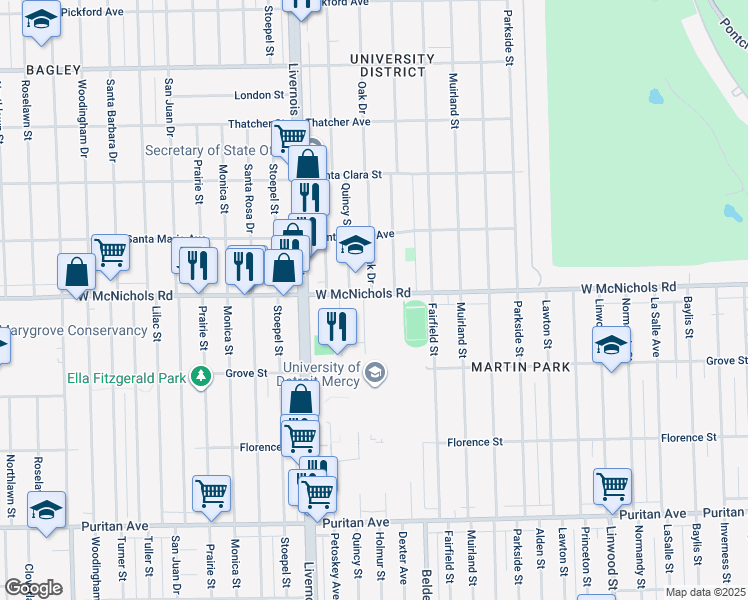 map of restaurants, bars, coffee shops, grocery stores, and more near 3856 West McNichols Road in Detroit
