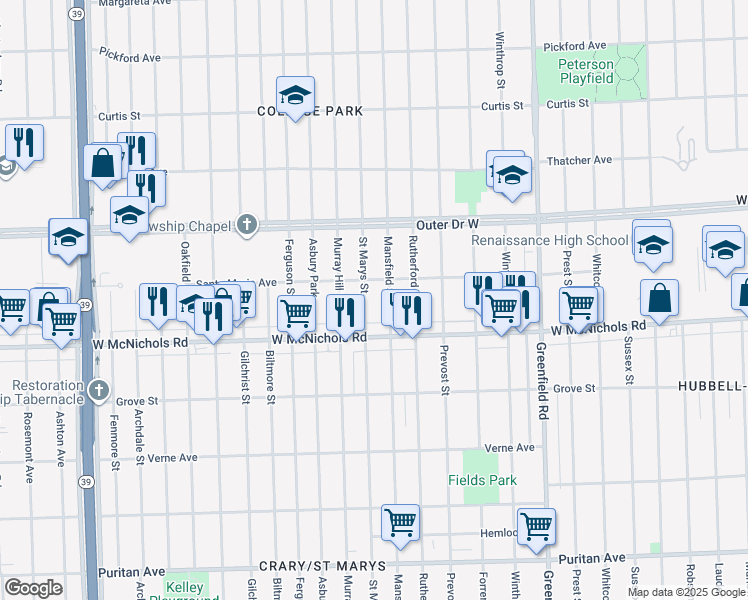 map of restaurants, bars, coffee shops, grocery stores, and more near 17168 Saint Marys Street in Detroit