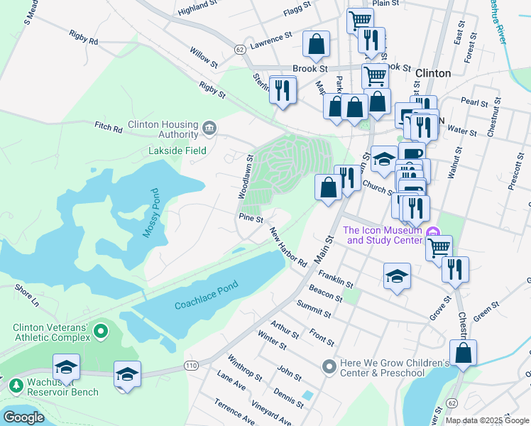 map of restaurants, bars, coffee shops, grocery stores, and more near 29 Pine Street in Clinton