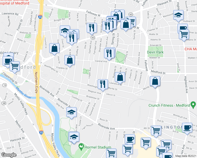 map of restaurants, bars, coffee shops, grocery stores, and more near 6 Lawrence Street in Medford