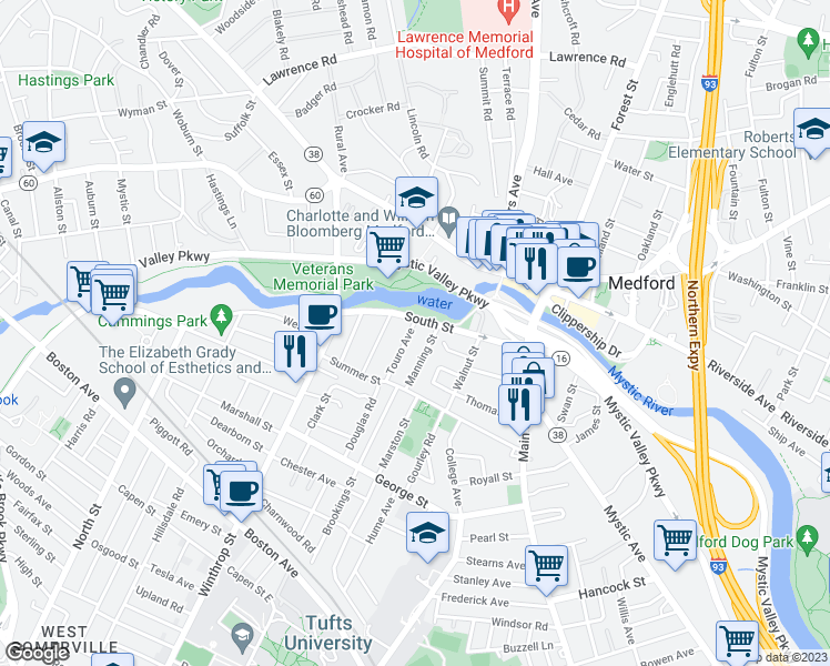 map of restaurants, bars, coffee shops, grocery stores, and more near 8 Touro Avenue in Medford
