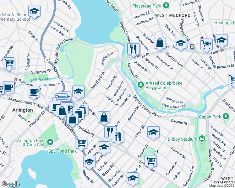 map of restaurants, bars, coffee shops, grocery stores, and more near 115-117 Webster Street in Arlington