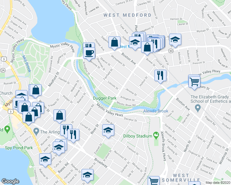 map of restaurants, bars, coffee shops, grocery stores, and more near 120 Arlington Street in Medford