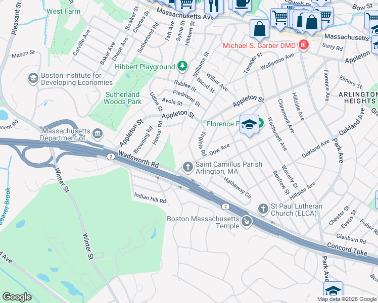 map of restaurants, bars, coffee shops, grocery stores, and more near 7 Campbell Road in Arlington