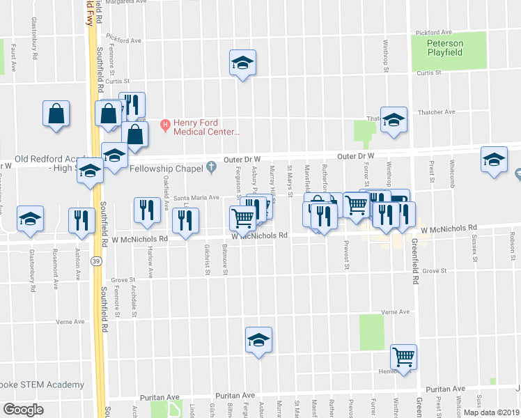 map of restaurants, bars, coffee shops, grocery stores, and more near 17176 Asbury Park in Detroit