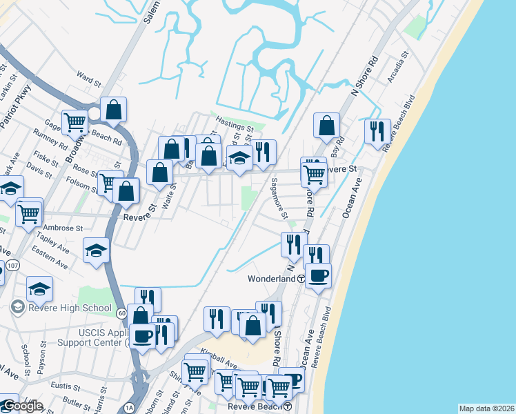 map of restaurants, bars, coffee shops, grocery stores, and more near 49 Washington Street in Revere