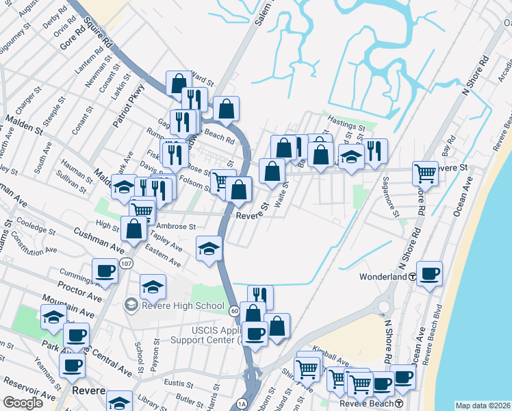 map of restaurants, bars, coffee shops, grocery stores, and more near 222 Revere Street in Revere