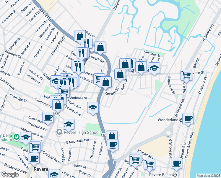 map of restaurants, bars, coffee shops, grocery stores, and more near 35 Tuttle Street in Revere