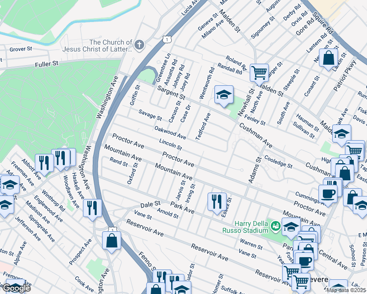 map of restaurants, bars, coffee shops, grocery stores, and more near 210 Lincoln Street in Revere