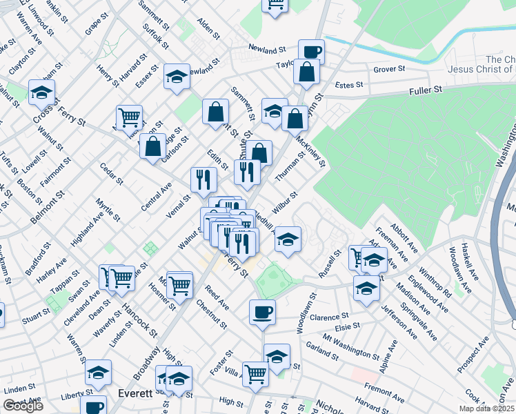 map of restaurants, bars, coffee shops, grocery stores, and more near 801 Broadway in Everett