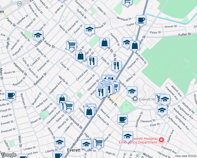 map of restaurants, bars, coffee shops, grocery stores, and more near 405 Ferry Street in Everett