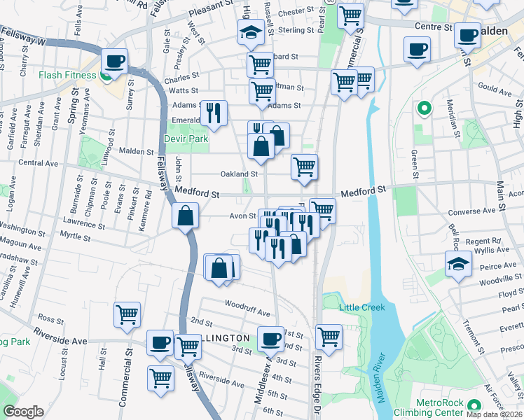 map of restaurants, bars, coffee shops, grocery stores, and more near 73 Avon Street in Malden