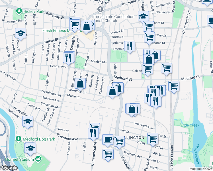 map of restaurants, bars, coffee shops, grocery stores, and more near 17a Amaranth Avenue in Medford