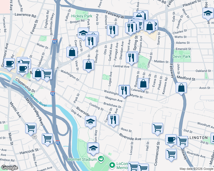 map of restaurants, bars, coffee shops, grocery stores, and more near 15 Logan Avenue in Medford