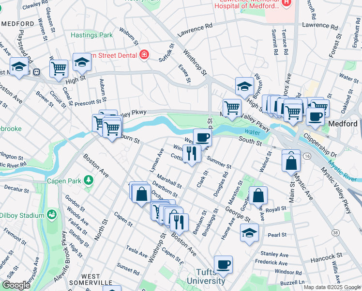 map of restaurants, bars, coffee shops, grocery stores, and more near 43 Winter Street in Medford