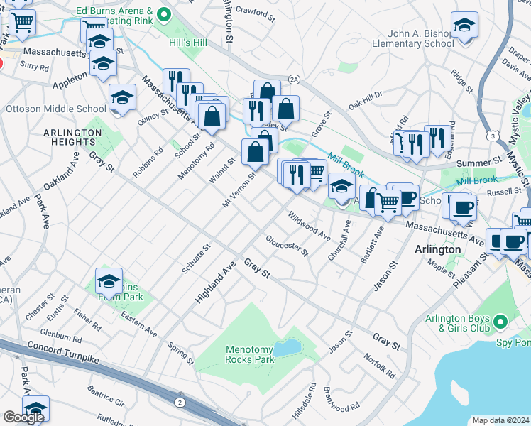 map of restaurants, bars, coffee shops, grocery stores, and more near 30 Moulton Road in Arlington